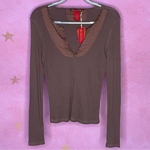 American Exchange Y2k Brown Beaded Ribbed Blouse Size Large New